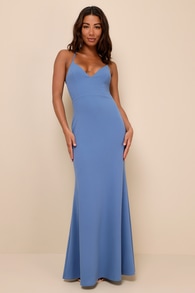 Refined Poise Slate Blue Sheer Lace Sleeveless Maxi Dress