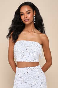 Glam of the Moment White Beaded Sequin Strapless Crop Top