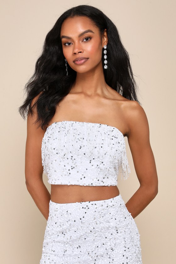 Glam of the Moment White Beaded Sequin Strapless Crop Top 6