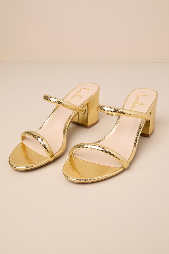 Shop Lulus Karlyn Gold Snake-embossed High Heel Slide Sandals