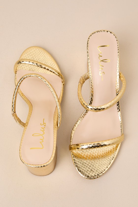 Shop Lulus Karlyn Gold Snake-embossed High Heel Slide Sandals