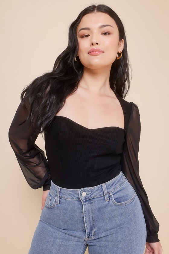 Sensational Sweetheart Black Ribbed Balloon Sleeve Bodysuit 7