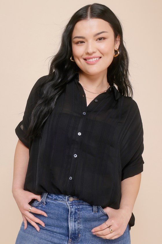 Everlee Black Striped Button-Up Short Sleeve Top 5