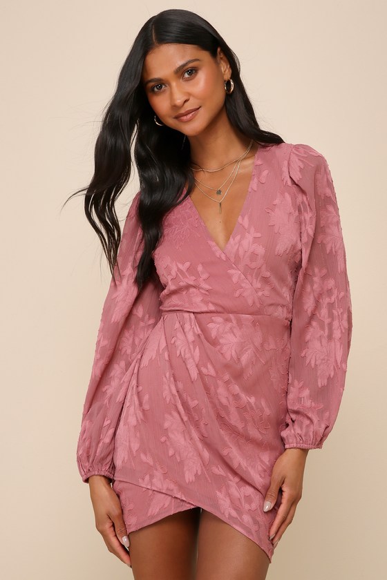 Mauve Floral Dress - Jacquard Long Sleeve Dress - Mini Dress - Lulus