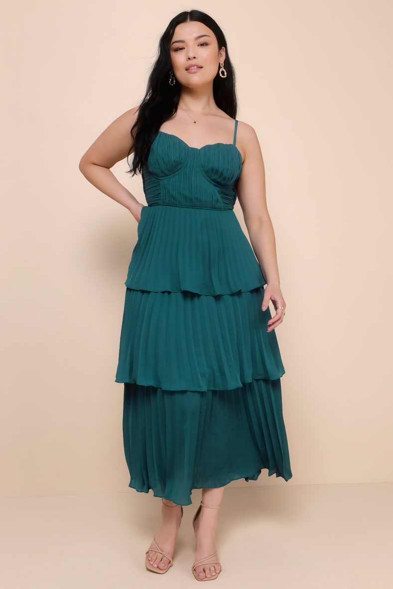 Cascading Crush Emerald Green Tiered Bustier Midi Dress