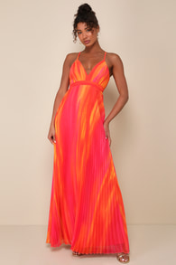 Lovely Boldness Orange Multi Watercolor Pleated Maxi Dress