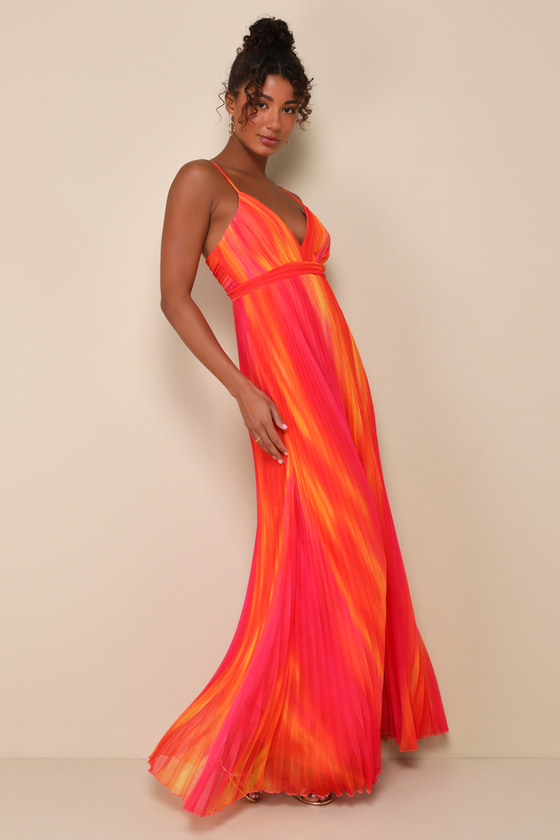 Lulus Lovely Boldness Orange Multi Watercolor Pleated Maxi Dress In Orange