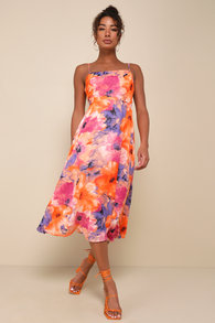 Radiant Feelings Orange and Purple Floral Chiffon Midi Dress