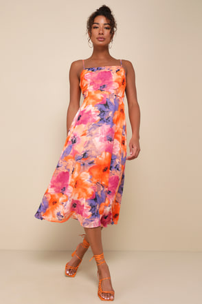 Orange and Purple Floral Chiffon Midi Dress | Womens | Small (Available in Xs) | 100% Polyester | Lulus