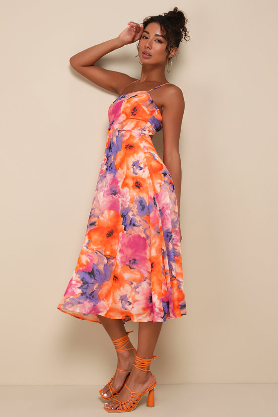 Lulus Radiant Feelings Orange And Purple Floral Chiffon Midi Dress In Orange