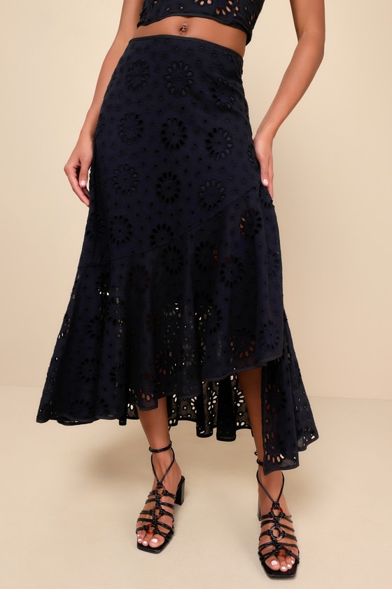 Flirty Praise Black Eyelet Asymmetrical Tiered Midi Skirt 3