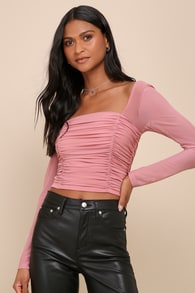 Iconic Inclination Dusty Rose Mesh Long Sleeve Ruched Crop Top
