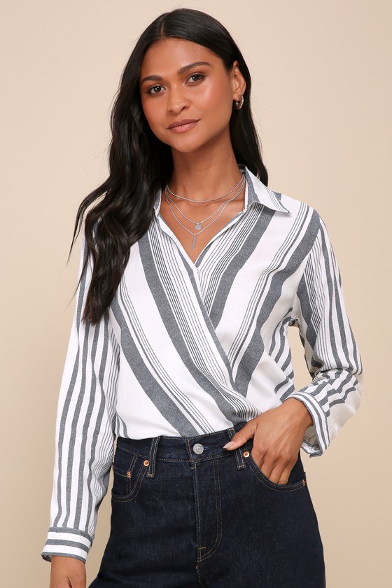 Sail West Blue and White Striped Surplice Top 5