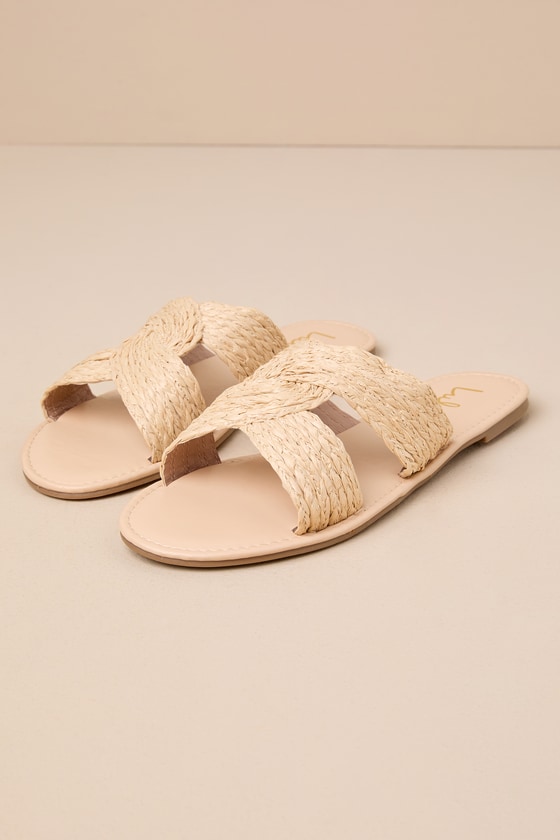 Lulus Mahana Natural Raffia Flat Slide Sandals In Beige