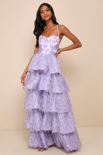 Chic Extravagance Lavender Jacquard Lurex Tiered Maxi Dress