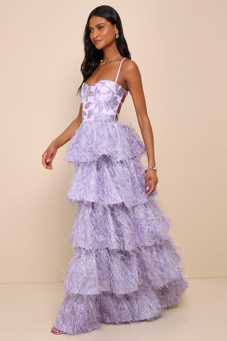 Chic Extravagance Lavender Jacquard Lurex Tiered Maxi Dress