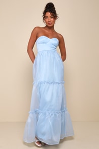 Exceptional Grace Light Blue Strapless Tiered Bustier Maxi Dress