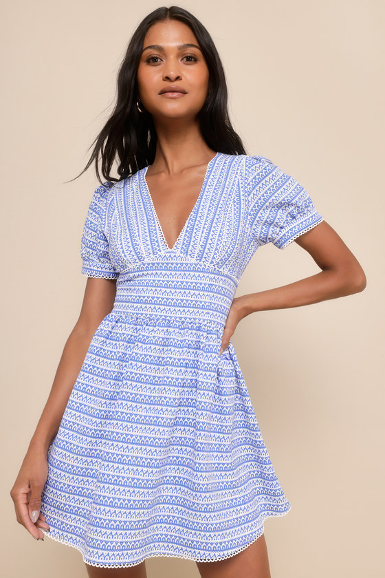Lulus Lovely Chicness Blue And White Geo Print Puff Sleeve Mini Dress