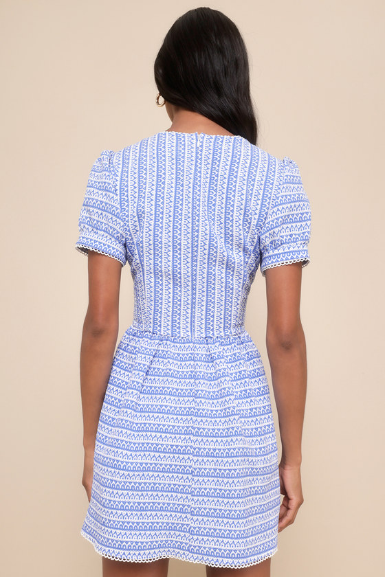 Shop Lulus Lovely Chicness Blue And White Geo Print Puff Sleeve Mini Dress
