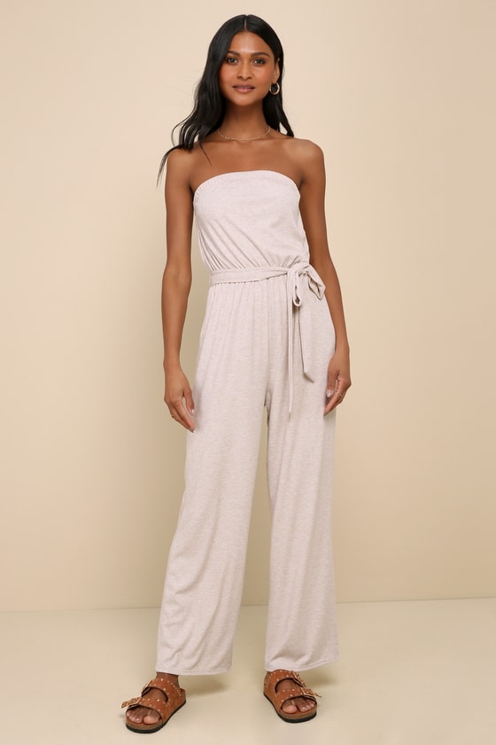 Beige Jumpsuit - Strapless Ribbed Jumpsuit - Lounge Jumpsuit - Lulus