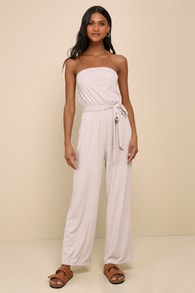 Leisurely Moments Heather Beige Ribbed Strapless Lounge Jumpsuit