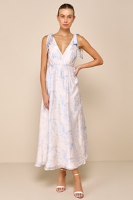 Breathtaking Charm Blush and Blue Floral Tie-Strap Maxi Dress