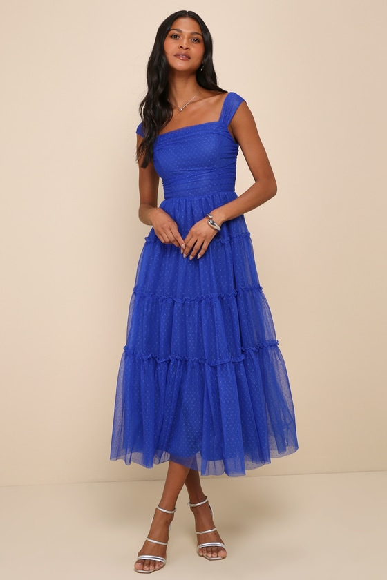 Moment of Perfection Blue Mesh Swiss Dot Tiered Midi Dress 7