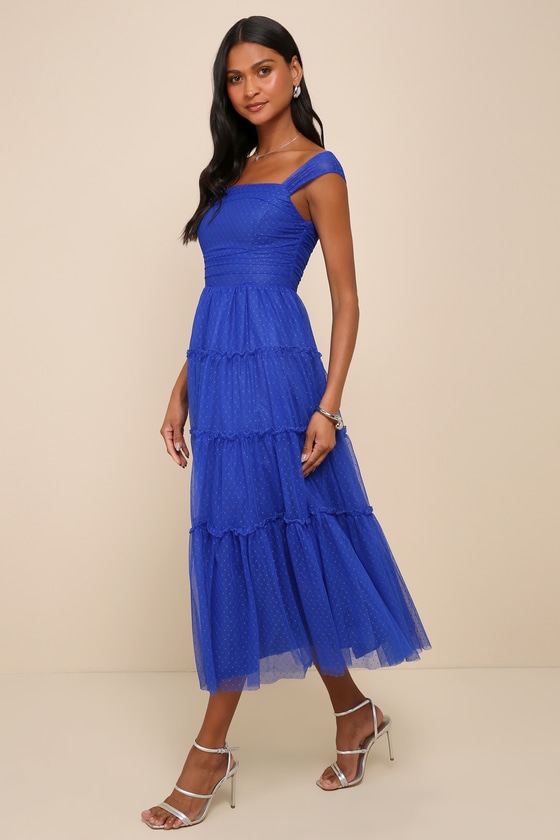 Moment of Perfection Blue Mesh Swiss Dot Tiered Midi Dress 6