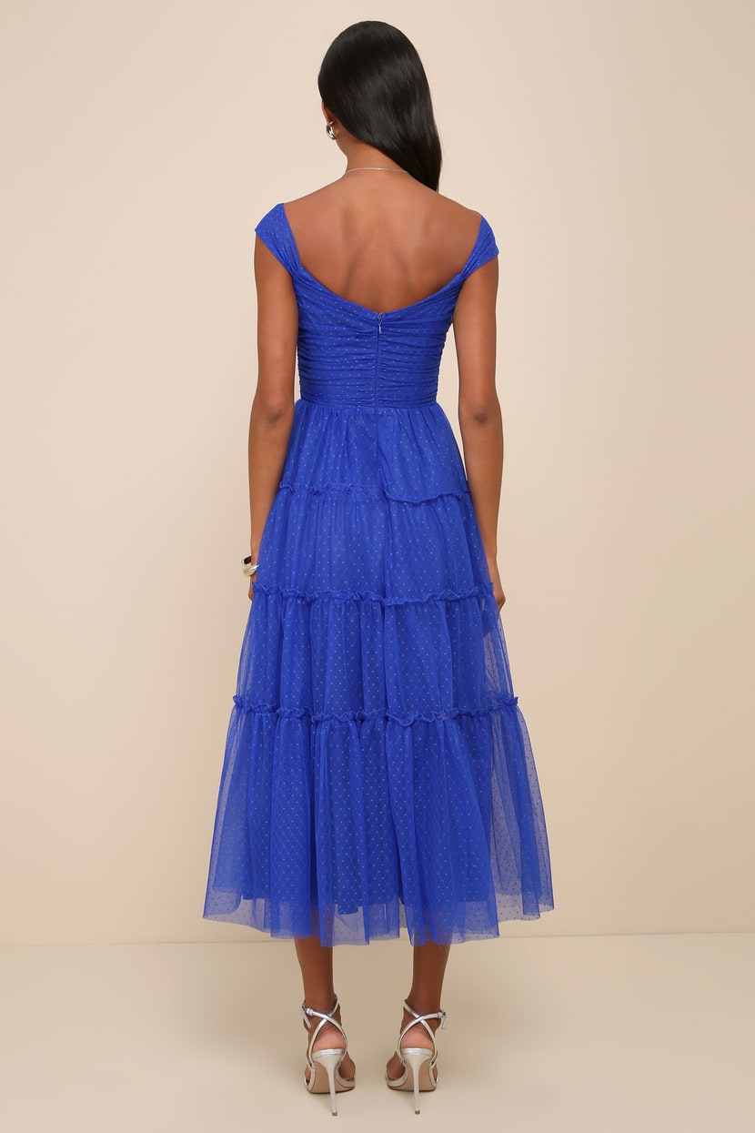 bimini periwinkle blue swiss dot tie strap midi dress Blue Shoulder Tie Tiered Midi Dress – Gabi Swimwear main image 1