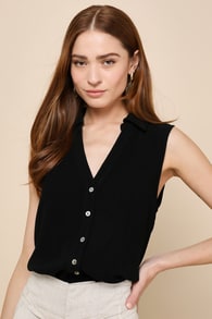 Casual Contentment Black Linen Button-Up Collared Tank Top