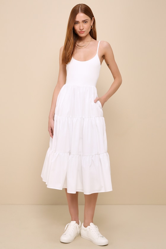 Lulus Lovable Cutie White Sleeveless Tiered Midi Dress With Pockets