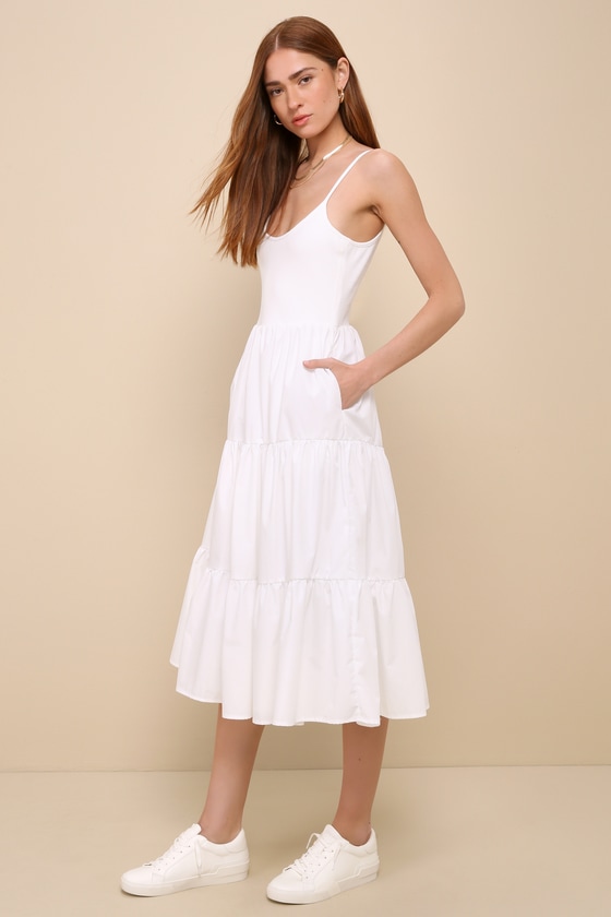Shop Lulus Lovable Cutie White Sleeveless Tiered Midi Dress With Pockets