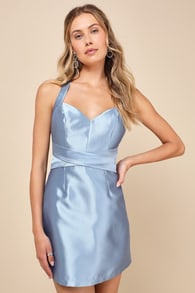 Posh Moment Slate Blue Taffeta Backless Bow Mini Dress