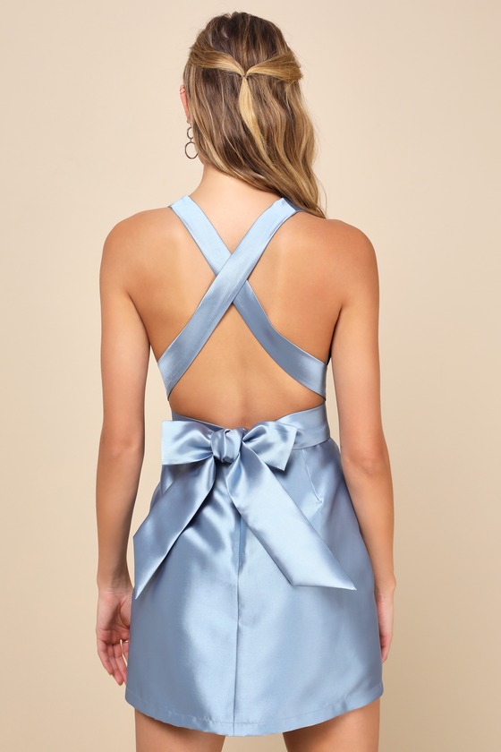 Shop Lulus Posh Moment Slate Blue Taffeta Backless Bow Mini Dress