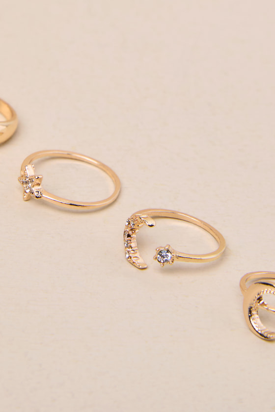 Shop Lulus Starry Sweetheart Gold Moon And Stars 4-piece Ring Set