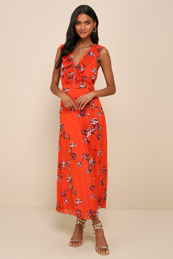 Loved By You Red Orange Floral Print Pleated Chiffon Maxi Dress 7