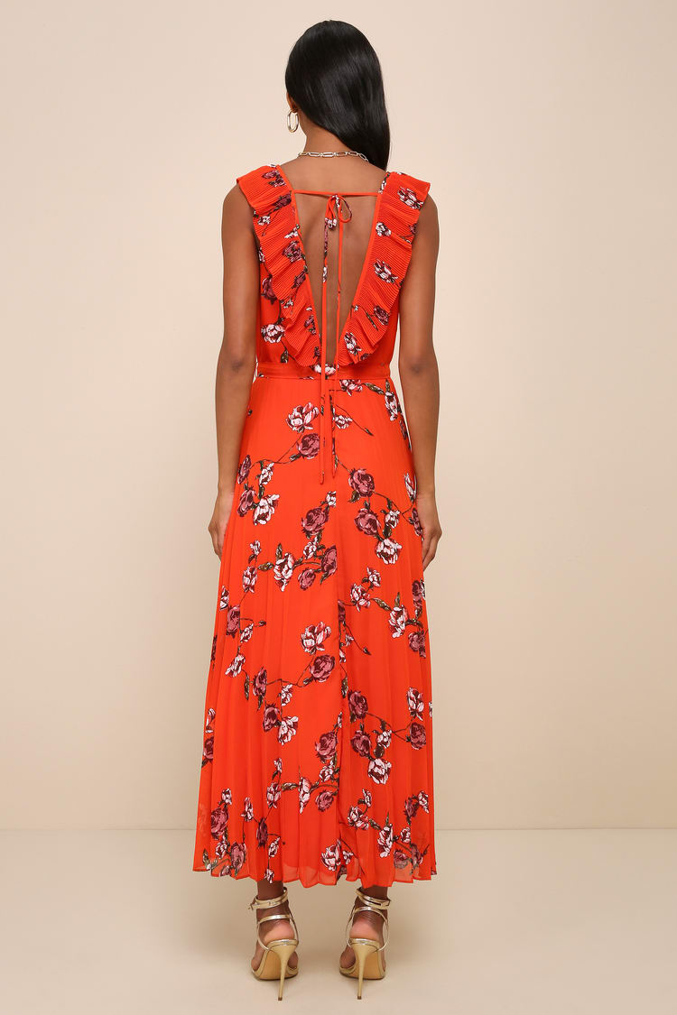 Loved By You Red Orange Floral Print Pleated Chiffon Maxi Dress