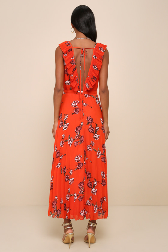 Loved By You Red Orange Floral Print Pleated Chiffon Maxi Dress 8