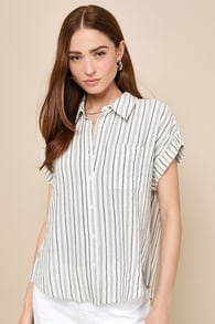 Vacation Sun Ivory Striped Cotton Collared Button-Up Top