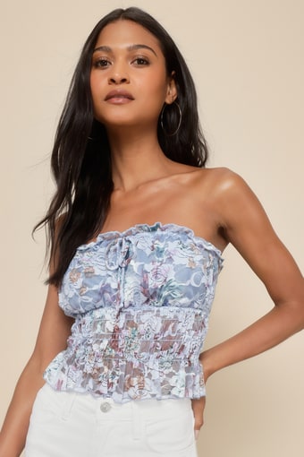 Lovely Sweetness Light Blue Floral Lace Strapless Smocked Top 1
