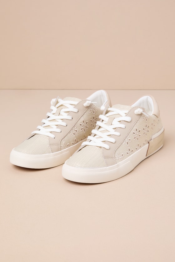 Dolce Vita Zina Oatmeal Floral Eyelet Embroidered Woven Lace-up Sneakers In White