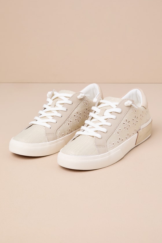 Zina Oatmeal Floral Eyelet Embroidered Woven Lace-Up Sneakers 2