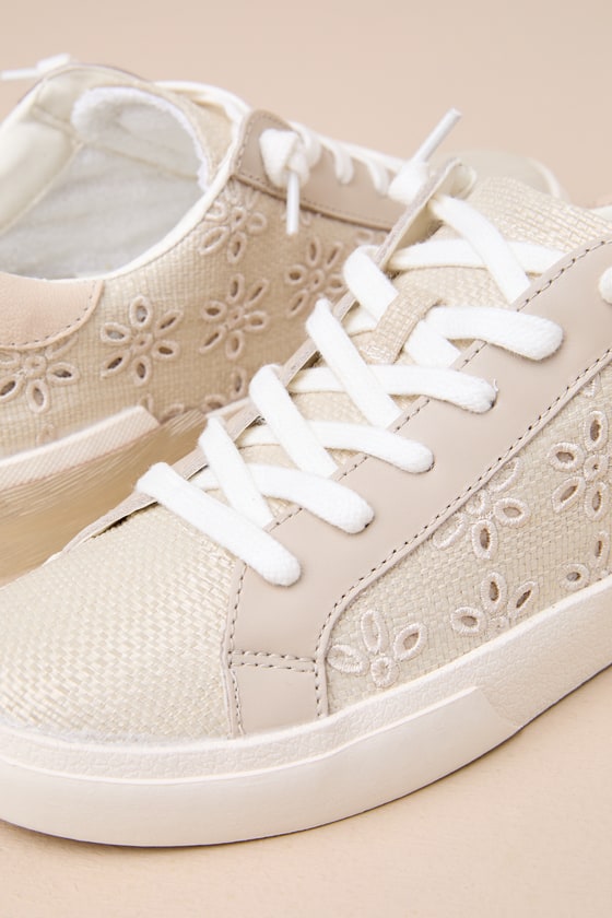 Shop Dolce Vita Zina Oatmeal Floral Eyelet Embroidered Woven Lace-up Sneakers In White