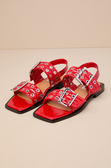 Sandria Red Patent Studded Buckle Slingback Sandals