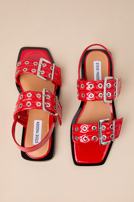 Steve Madden Sandria Red Patent Studded Buckle Slingback Sandals In Red