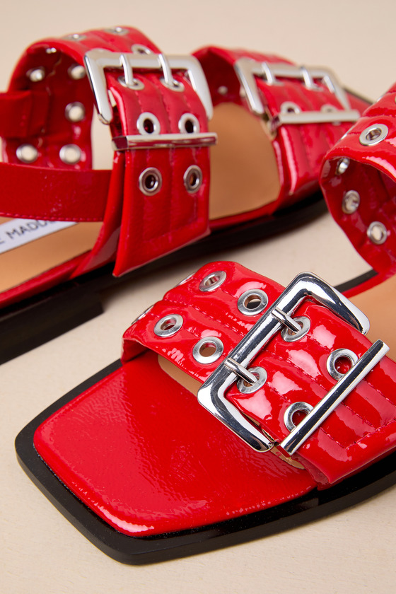 Steve Madden Sandria Red Patent Studded Buckle Slingback Sandals In Red