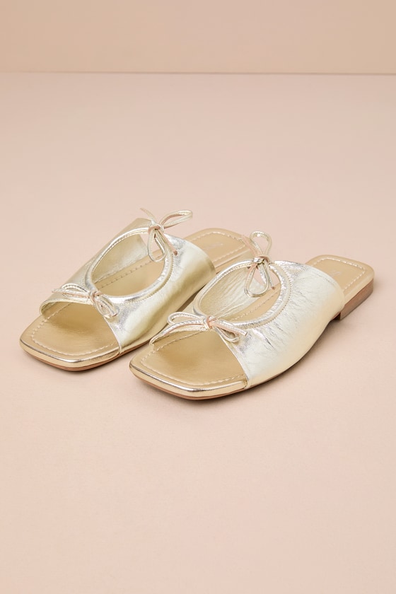 Seychelles Takes Two Light Gold Leather Cutout Bow Slide Sandals