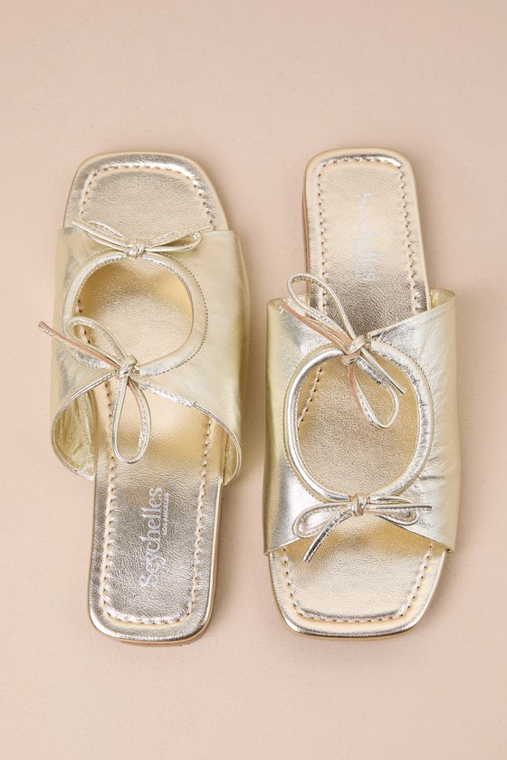 Shop Seychelles Takes Two Light Gold Leather Cutout Bow Slide Sandals