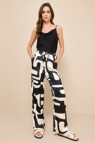 Iris Black and Ivory Abstract Satin Wide-Leg Pants