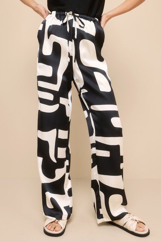Iris Black and Ivory Abstract Satin Wide-Leg Pants 4